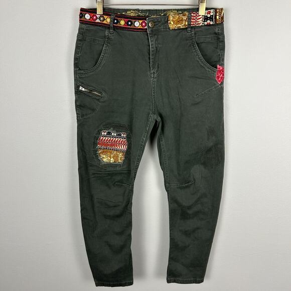 Desigual Green Patchwork Embellished Barrell Leg Trouser Pants 30 - Picture 2 of 6